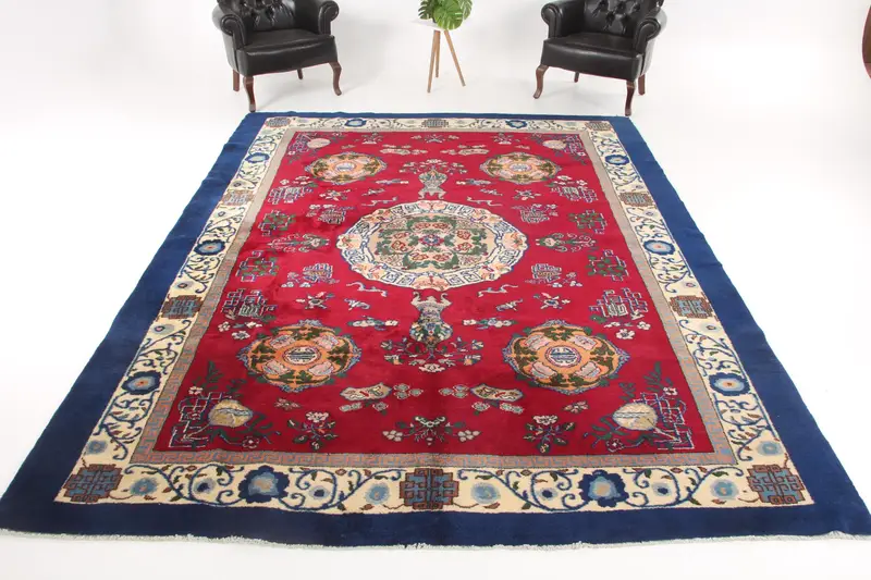 8.7x8.2 ft Halı, Büyük Boy Vintage Halı, Kırmızı Oushak Ikat Halı - 1