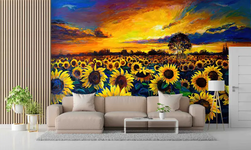 ひまわり畑の夕日、自然の風景のプリント壁紙
