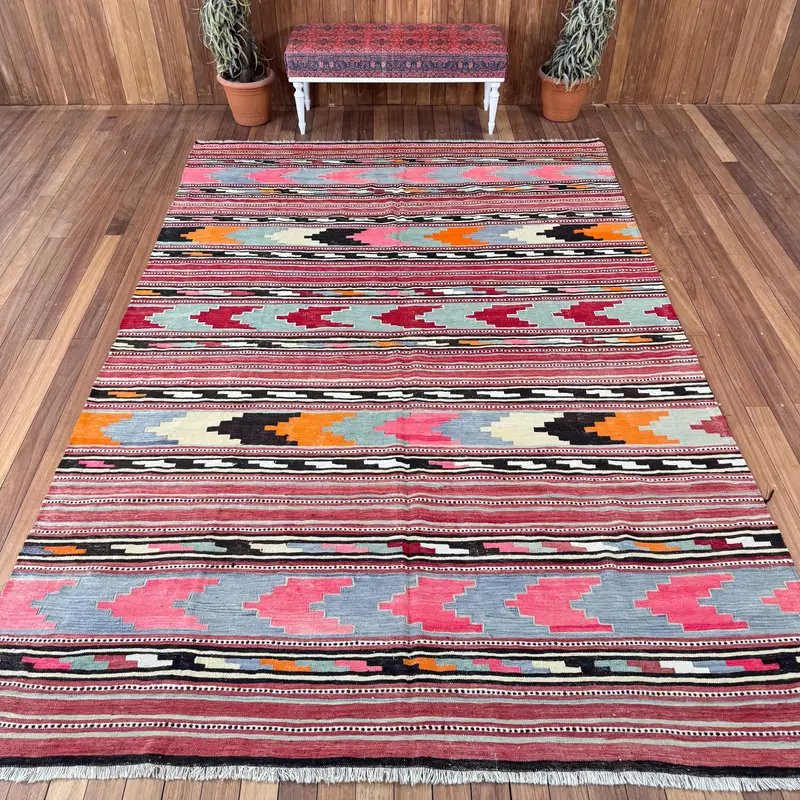 7,5x11,3 ft türkischer Teppich, Vintage-Übergröße-Teppich, rot-blauer Polka-Dot-Teppich - 1