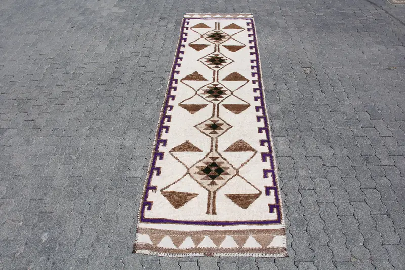 3x11.1 ft Herki Vintage Rug, Brown Plants & trees Turkish Rug Wool - 1