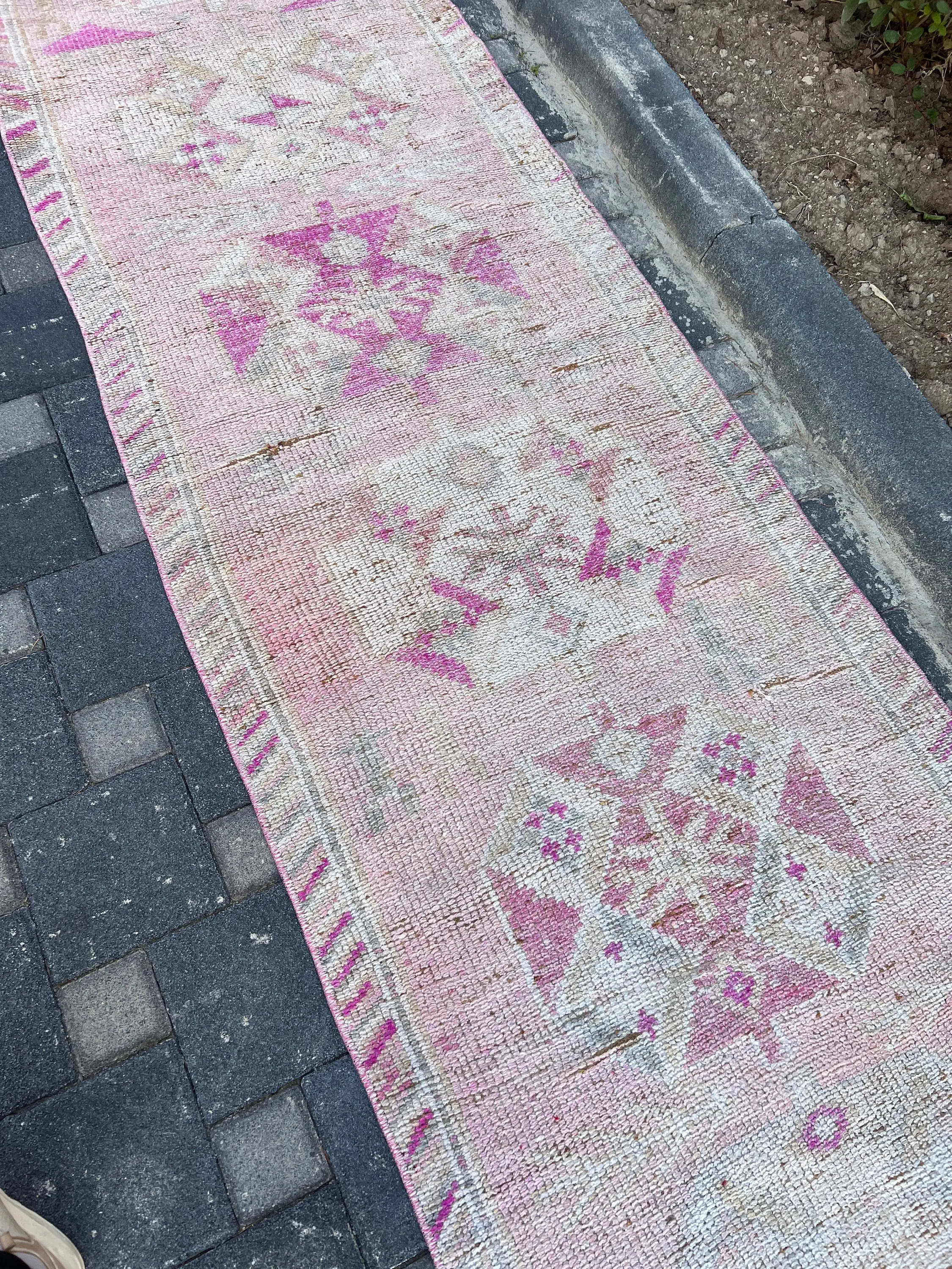 Turkish Rug, 2.8x12.8 ft Vintage Rug, Pink White Oriental Wool Rug - 1