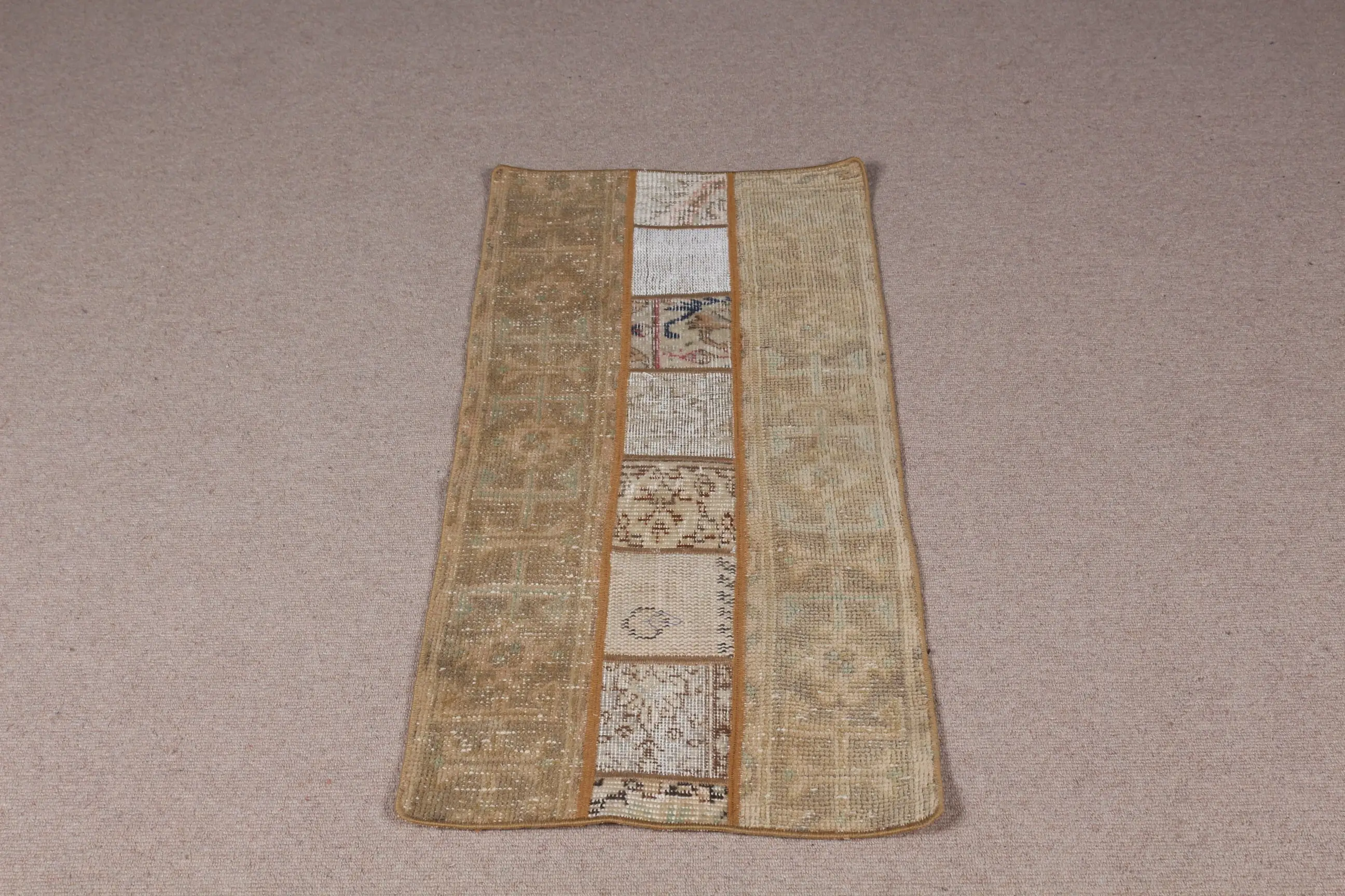 Turkish Small Rug 1.7x3.7 ft, Vintage Brown Patchwork Wool Rug - 1