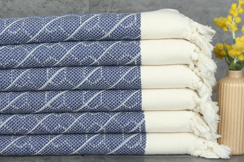 Geometric Tea Towel Turkish Cotton Navy Monogrammed, 18x36 Inches