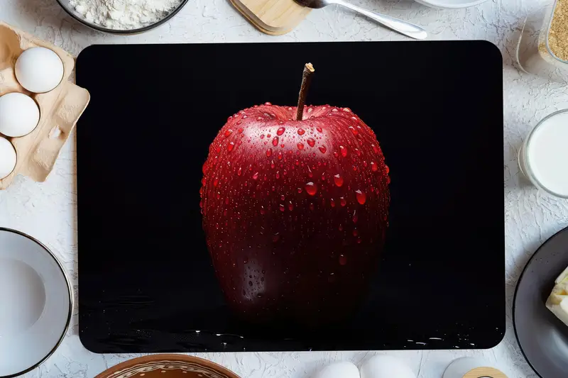 赤と黒のフルーツ柄の強化ガラスまな板