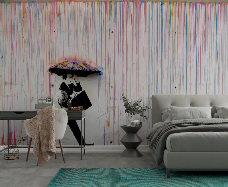 Painting Wall Paper, Umbrella Wall Decor, Street Wall Painting, Abstract Wall Paper, Under The Rain Wall Mural, - 6