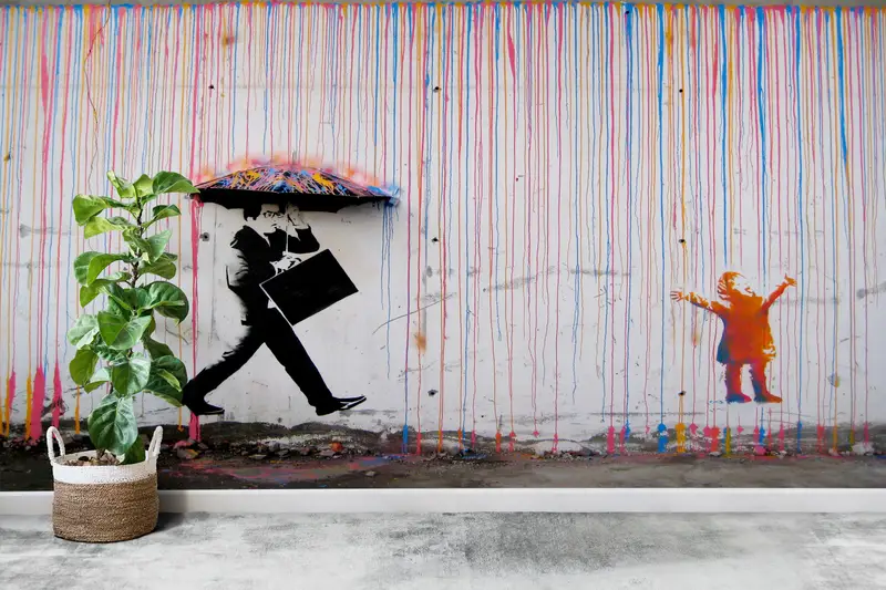 Painting Wall Paper, Umbrella Wall Decor, Street Wall Painting, Abstract Wall Paper, Under The Rain Wall Mural, - 3