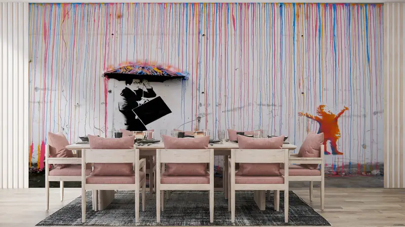 Painting Wall Paper, Umbrella Wall Decor, Street Wall Painting, Abstract Wall Paper, Under The Rain Wall Mural, - 2