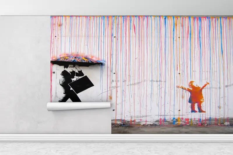 Painting Wall Paper, Umbrella Wall Decor, Street Wall Painting, Abstract Wall Paper, Under The Rain Wall Mural, - 1
