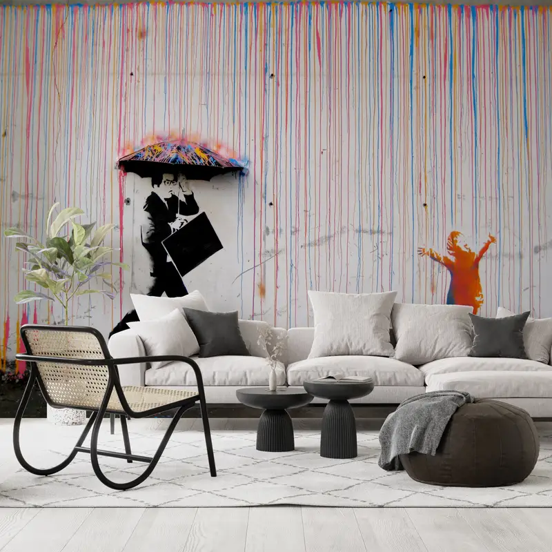 Painting Wall Paper, Umbrella Wall Decor, Street Wall Painting, Abstract Wall Paper, Under The Rain Wall Mural, - 5