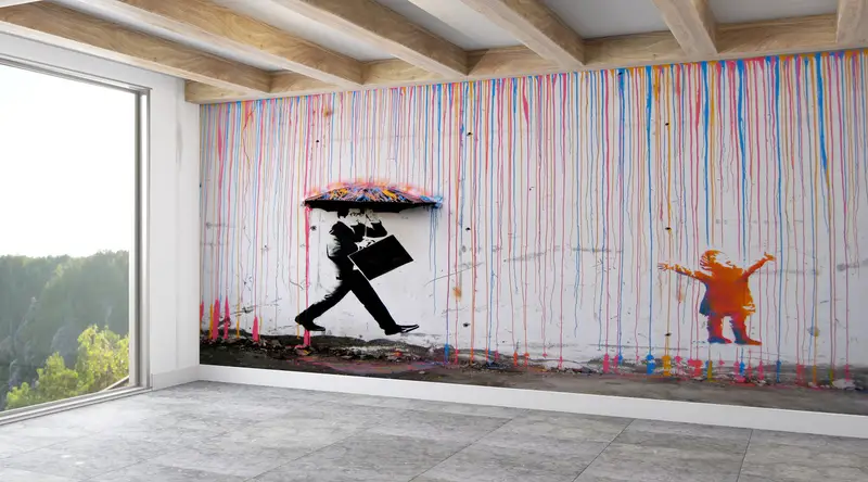 Painting Wall Paper, Umbrella Wall Decor, Street Wall Painting, Abstract Wall Paper, Under The Rain Wall Mural, - 4