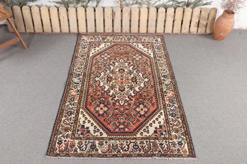 Alfombra Hecha a Mano 1,1x1,7m Floral Geométrica Naranja y Beige