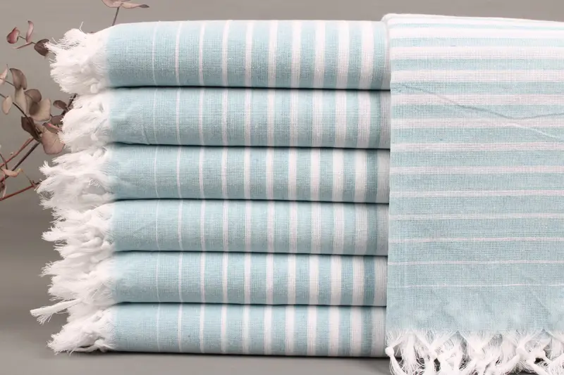 Beach Towel Organic Turkish Cotton White & Turquoise Stripes, 40x69 Inches