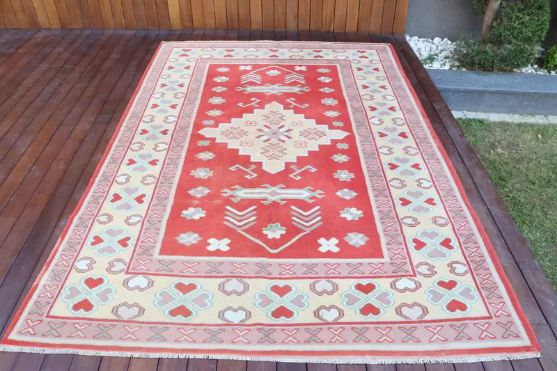 5.8x8.4 ft Türk Vintage Halısı, Büyük Halı, Oushak Kırmızı Yün Halı - 1