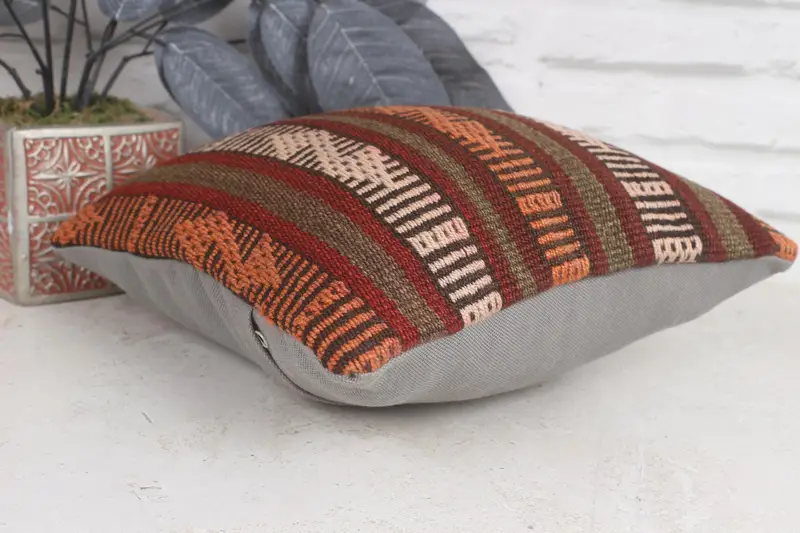 Cushion Cover, Interior Designer Pillow, Turkish Kilim Pillow, Neutral Cushion, 12x12 Red Cushion Cover, Kilim Cushion Sham - 6