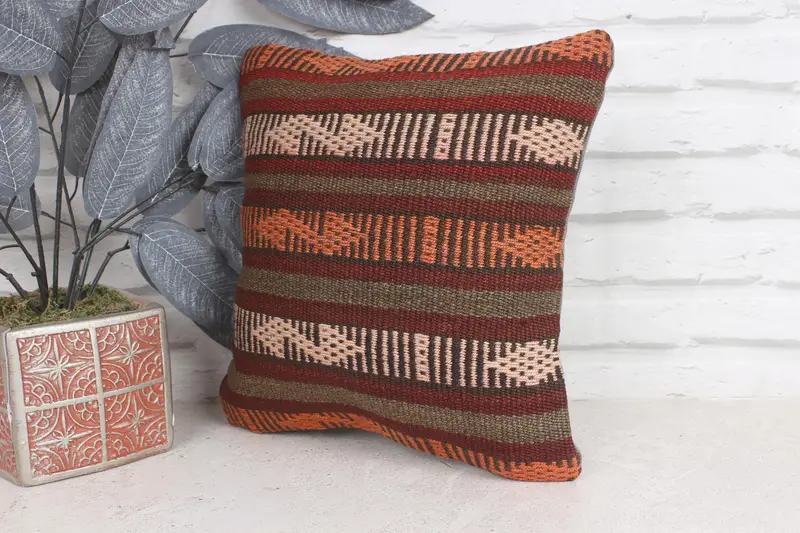 Cushion Cover, Interior Designer Pillow, Turkish Kilim Pillow, Neutral Cushion, 12x12 Red Cushion Cover, Kilim Cushion Sham - 3