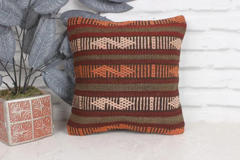 Cushion Cover, Interior Designer Pillow, Turkish Kilim Pillow, Neutral Cushion, 12x12 Red Cushion Cover, Kilim Cushion Sham - 1