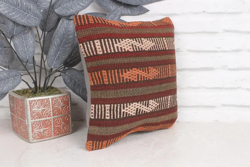 Cushion Cover, Interior Designer Pillow, Turkish Kilim Pillow, Neutral Cushion, 12x12 Red Cushion Cover, Kilim Cushion Sham - 4