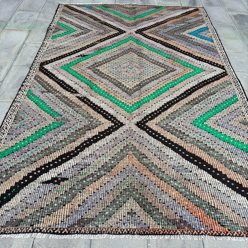 Orange Moroccan Rug, 6,6x9,9 ft Vibrant Green Accents