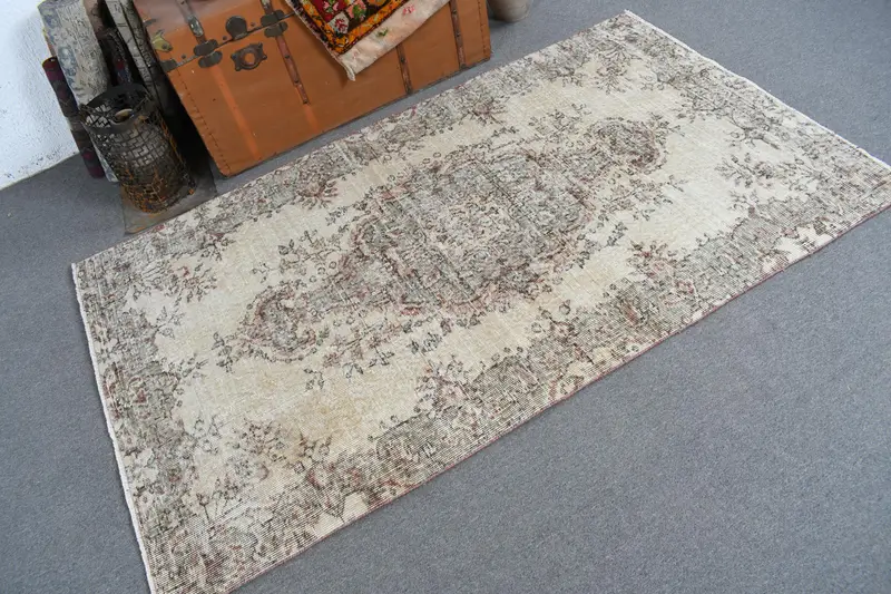 3.8x6.6 ft Rug, Vintage Turkish Rug, Brown Floral Wool Rug