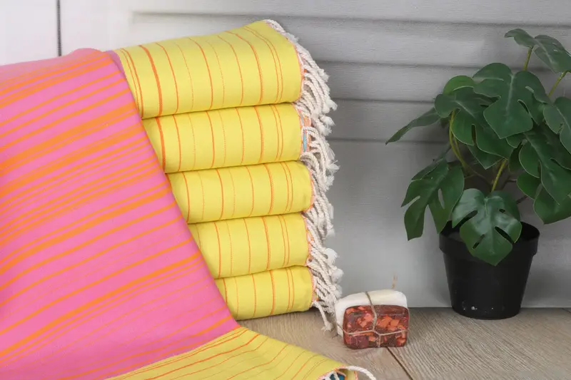 Personalized Turkish Cotton Beach Towel: Yellow-Fuchsia, 40x71 Inches