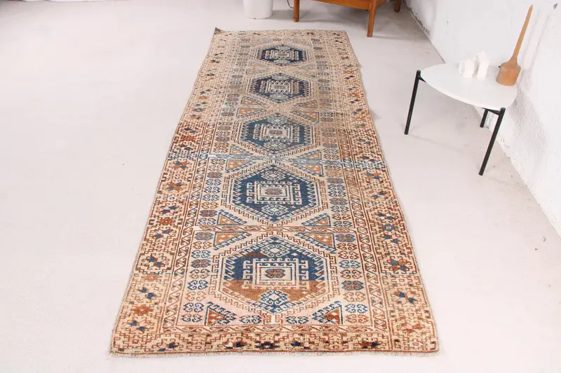 Handmade Brown & Blue Rug, 0,3x8,9 ft Southwestern Charm
