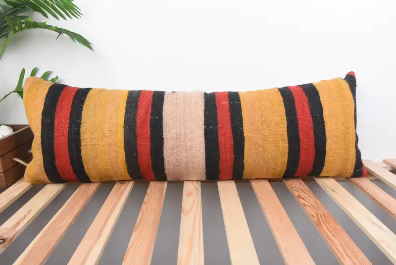 Braun & Rot gestreiftes Kissen, 12x36 handgemachtes Leinenkissen