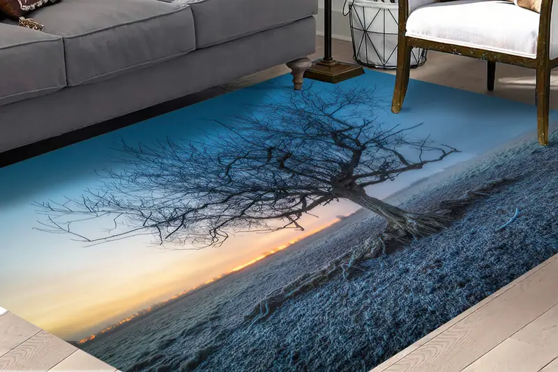 Eleganter bedruckter Teppich: Design mit Baumlandschaft und Blick auf den Sonnenuntergang