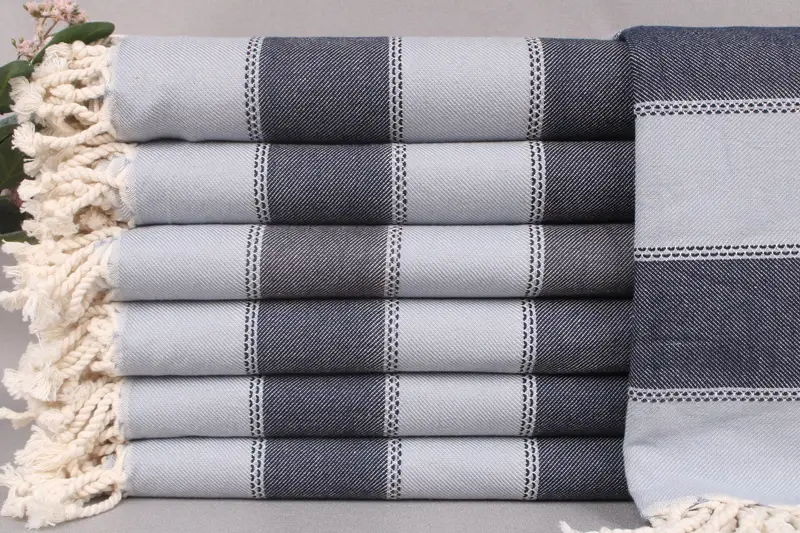 Turkish Bath Towel Baby Blue-Navy Stripes, Organic Cotton, 36x65 Inches