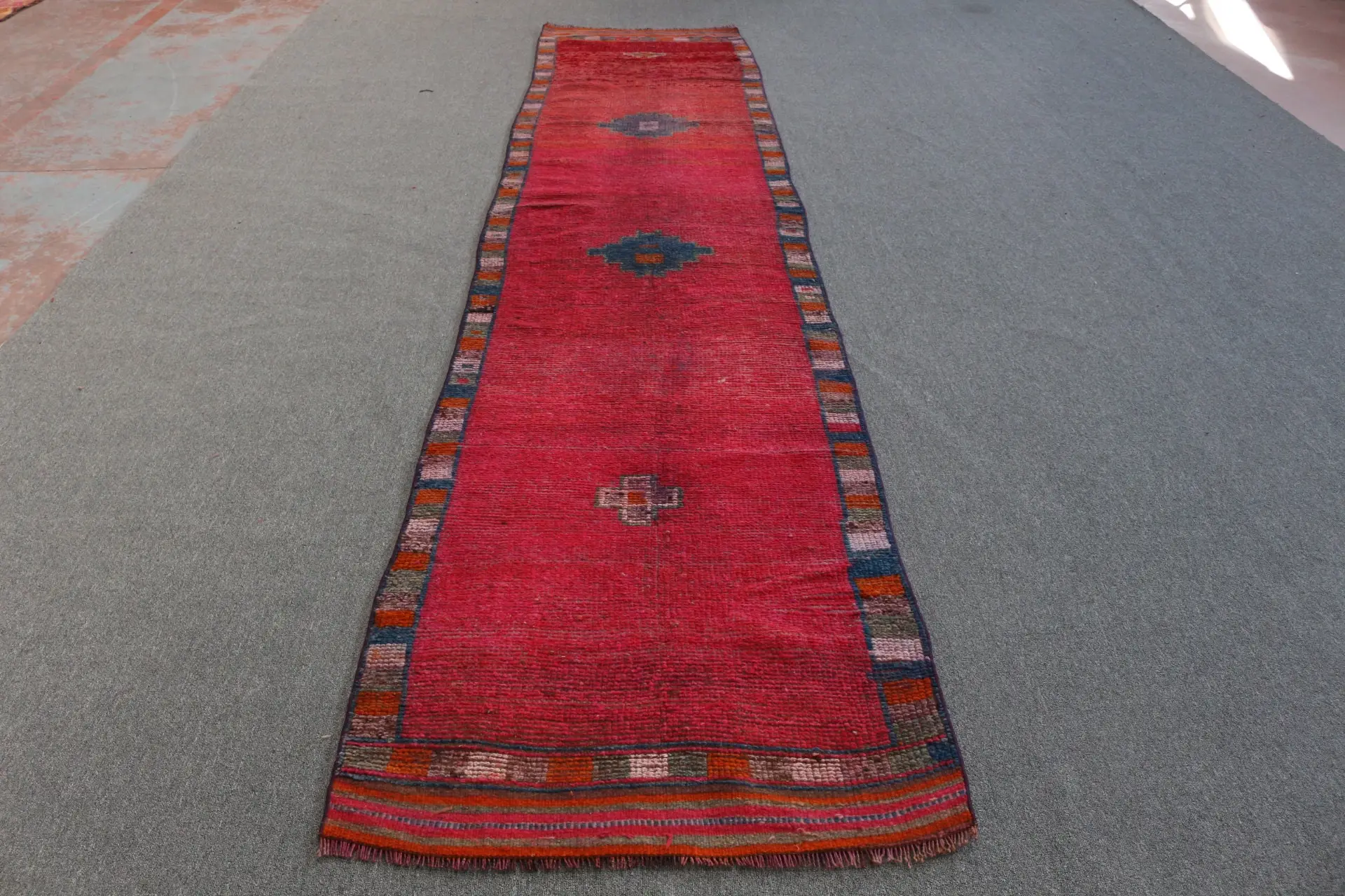 2.9x13.2 ft Herki Turkish Rug, Red Ombré Vintage Rug Wool - 1