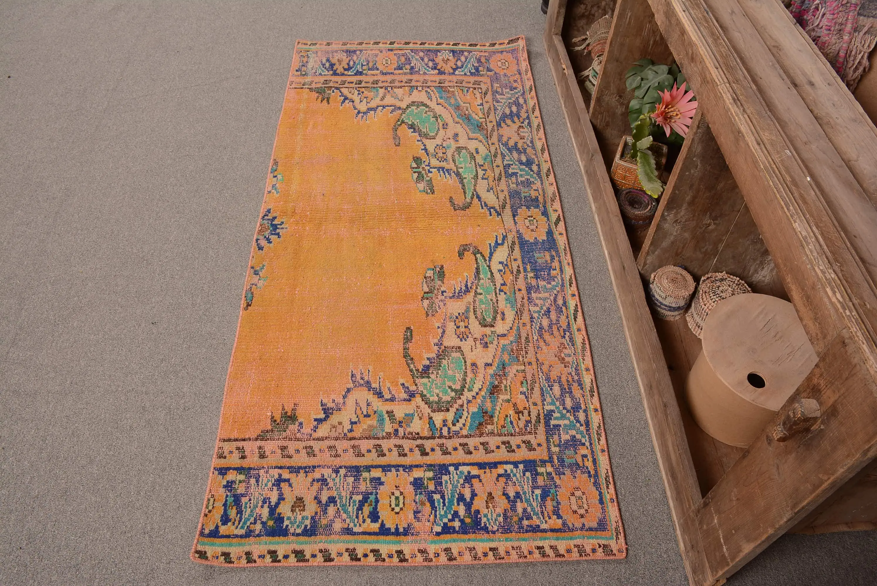 Vintage Turkish Rug 2.5x5.6 ft (76x170 cm), Orange Solid Wool Rug - 1