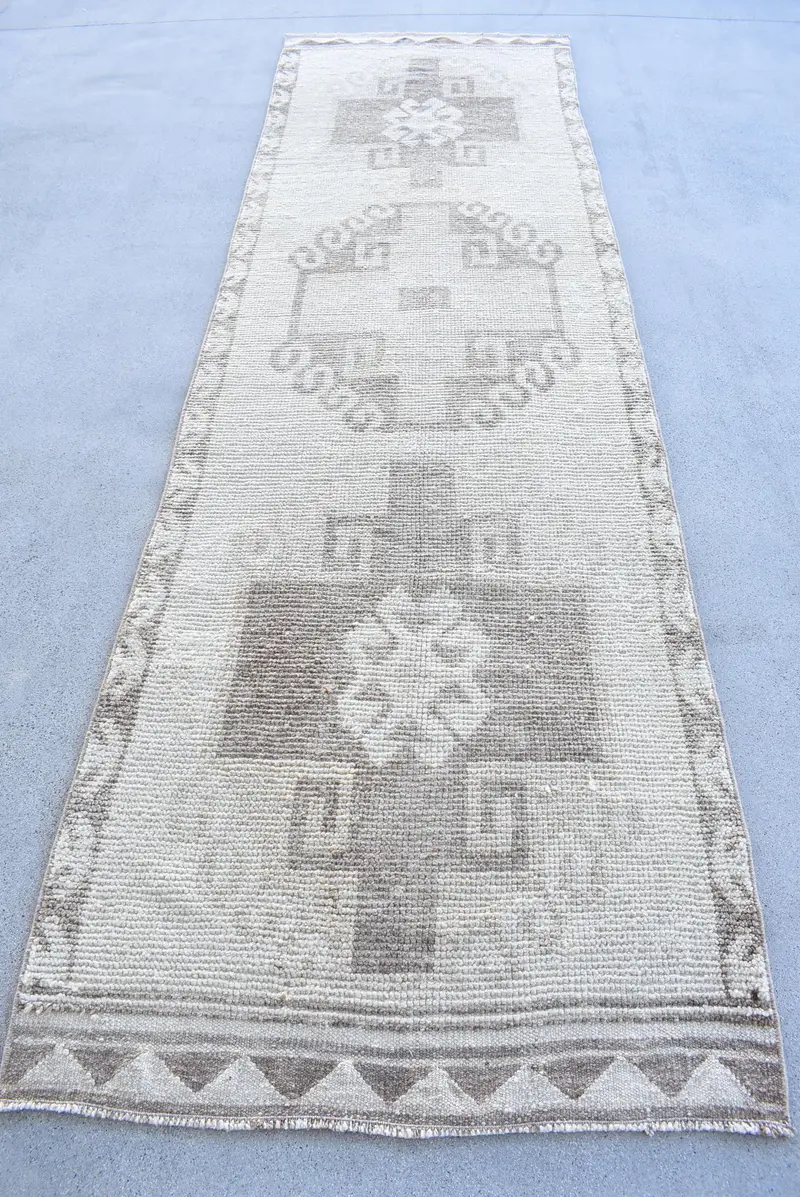 3.1x11.1 ft Turkish Rug, Runner Vintage Rug, Beige Ombré Rug - 1