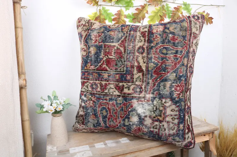 Vintage Kilim Throw Pillow, Accent Cushion, Kilim Pillow Cover, Pillow, Muted Cushion, 24x24 Blue Pillow Sham, Gift Pillow - 4