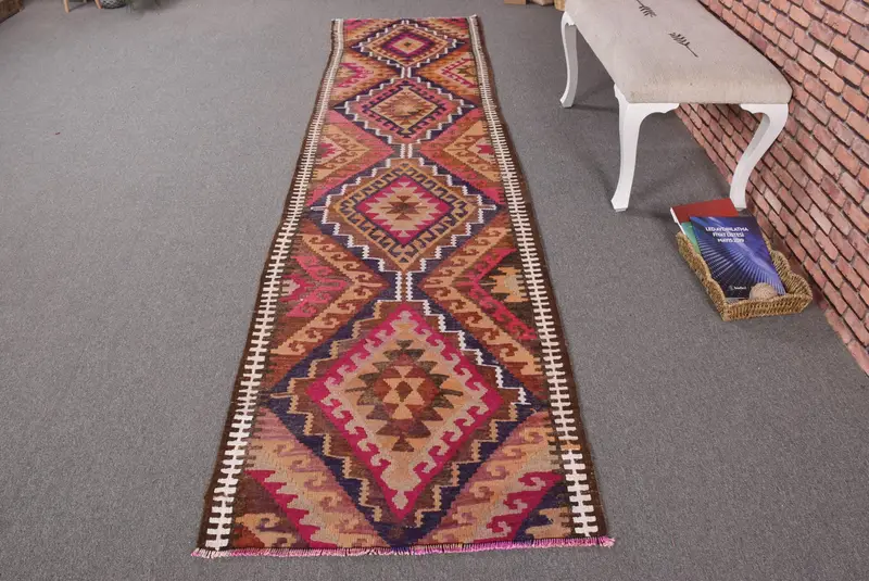 2.7x10.5 ft Runner Vintage Turkish Rug, Brown Solid Wool Rug - 1