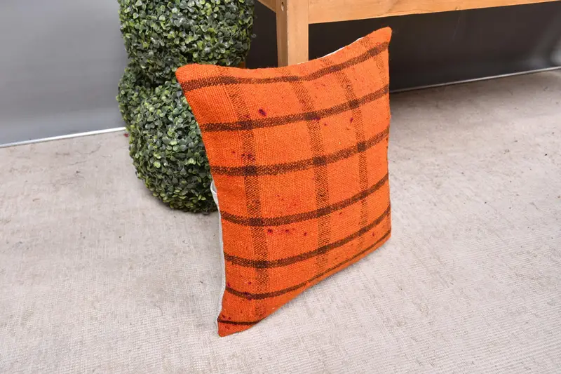 16x16 Orange Cushion Cover, Vintage Pillow, Boho Throw Cushion Case, Pillow, Vintage Throw Pillow Cover, Antique Pillows, Turkish Kilim Pillow - 7