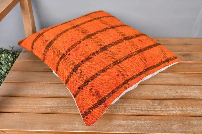 16x16 Orange Cushion Cover, Vintage Pillow, Boho Throw Cushion Case, Pillow, Vintage Throw Pillow Cover, Antique Pillows, Turkish Kilim Pillow - 2