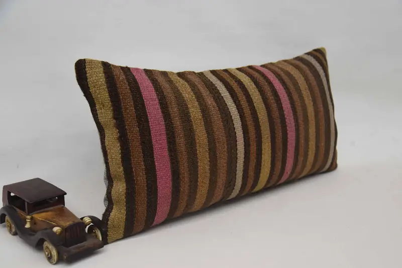 Living Room Throw Cushion Case, Cushion Case, Ikat Cushion, Pillow for Couch, Neutral Cushion, Boho Pillow, Kilim Pillow, 12x24 Brown Cushion Case - 2