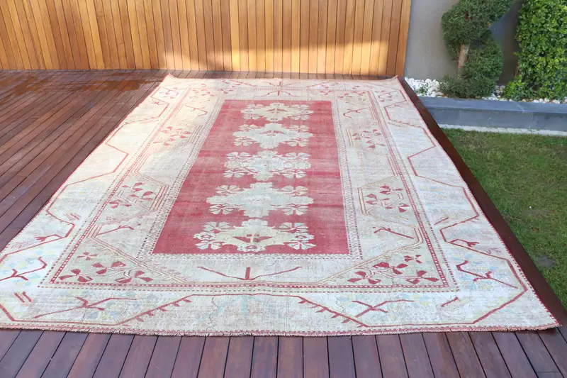 Vintage 8.2x11.3 ft Halı, Büyük Boy Türk Halısı, Kırmızı Bitkiler ve ağaçlar Yün Halı - 1