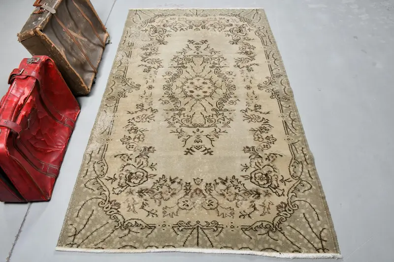Türk Vintage Halı 3,9x7 ft, Oushak Kahverengi Bitkiler ve ağaçlar Yün Halı - 1