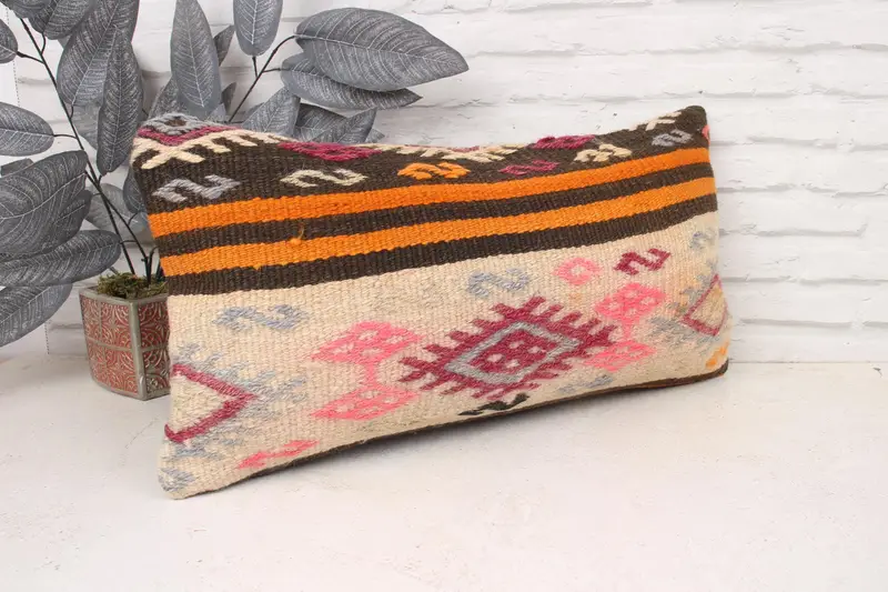Throw Kilim Pillow, Meditation Pillow Sham, Turkish Kilim Pillow, Kilim Pillow Cover, Pillow Case, 12x24 Pink Pillow Cover, Boho Throw Pillow Case - 3