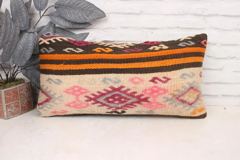 Throw Kilim Pillow, Meditation Pillow Sham, Turkish Kilim Pillow, Kilim Pillow Cover, Pillow Case, 12x24 Pink Pillow Cover, Boho Throw Pillow Case - 1