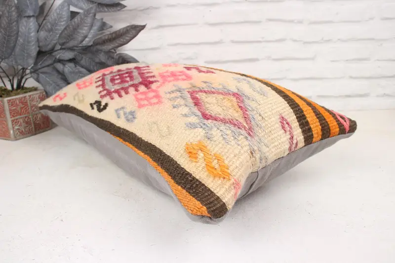 Throw Kilim Pillow, Meditation Pillow Sham, Turkish Kilim Pillow, Kilim Pillow Cover, Pillow Case, 12x24 Pink Pillow Cover, Boho Throw Pillow Case - 6