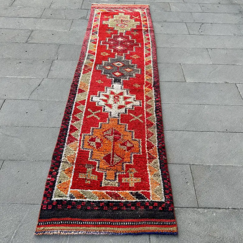 Turkish Vintage Runner Rug 2.7x10 ft, Red Orange Southwestern Rug - 1