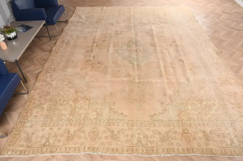 9.4x12.8 ft Vintage Türk Halısı, Büyük Boy Halı, Kahverengi Yeşil Patchwork Yün Halı - 1