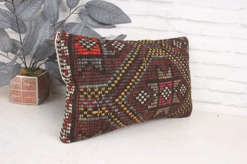 Retro Throw Pillow, Boho Pillow Sham Cover, Vintage Kilim Pillow, 12x20 Red Pillow Cover, Patio Cushion, Pillow, Outdoor Pillow, Boho Pillow - 3