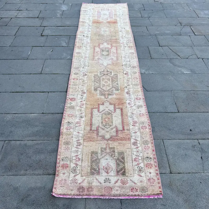 2,6x11,4 ft Herki Teppich, türkischer Vintage Teppich, rosa brauner Teppich - 1