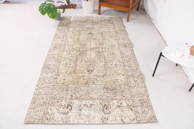 Elegant Beige & Brown Check Rug, 4x7.7 ft Chic Decor