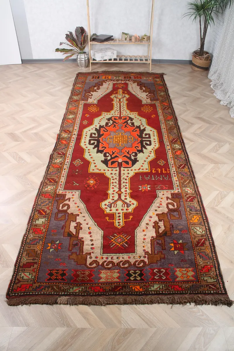 Alfombra turca de 4,5x9,3 pies, alfombra vintage Oushak, lana de alfombra paisley roja - 1