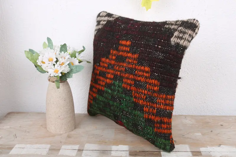 Turkish Pillow, Bolster Throw Cushion, 12x12 Orange Cushion Cover, Ethnical Kilim Rug Pillow, Vintage Kilim Pillow, Pillow Case - 4