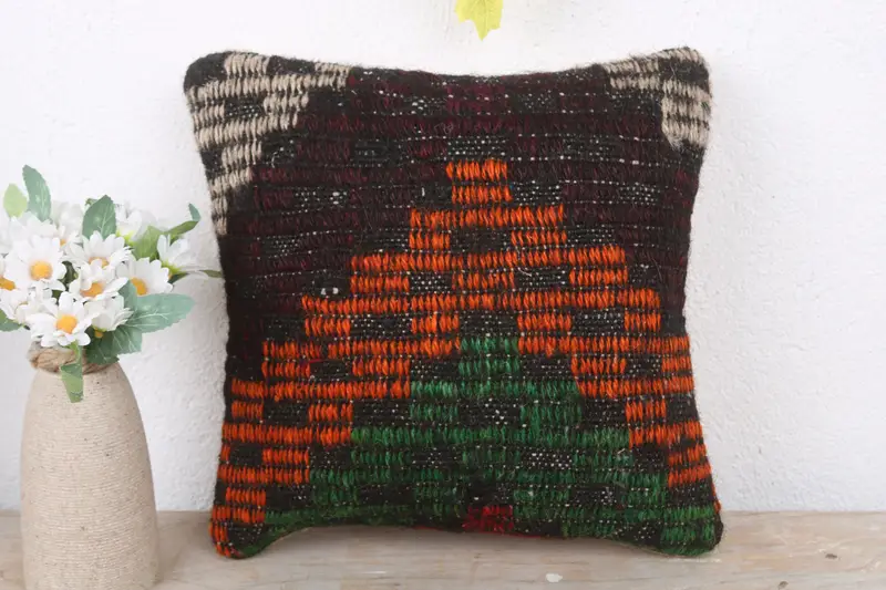 Turkish Pillow, Bolster Throw Cushion, 12x12 Orange Cushion Cover, Ethnical Kilim Rug Pillow, Vintage Kilim Pillow, Pillow Case - 2