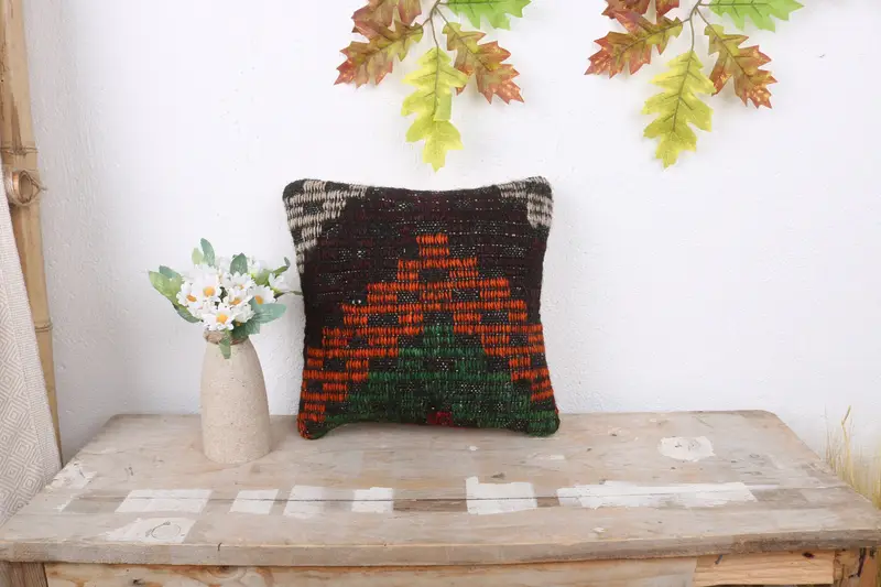Turkish Pillow, Bolster Throw Cushion, 12x12 Orange Cushion Cover, Ethnical Kilim Rug Pillow, Vintage Kilim Pillow, Pillow Case - 1